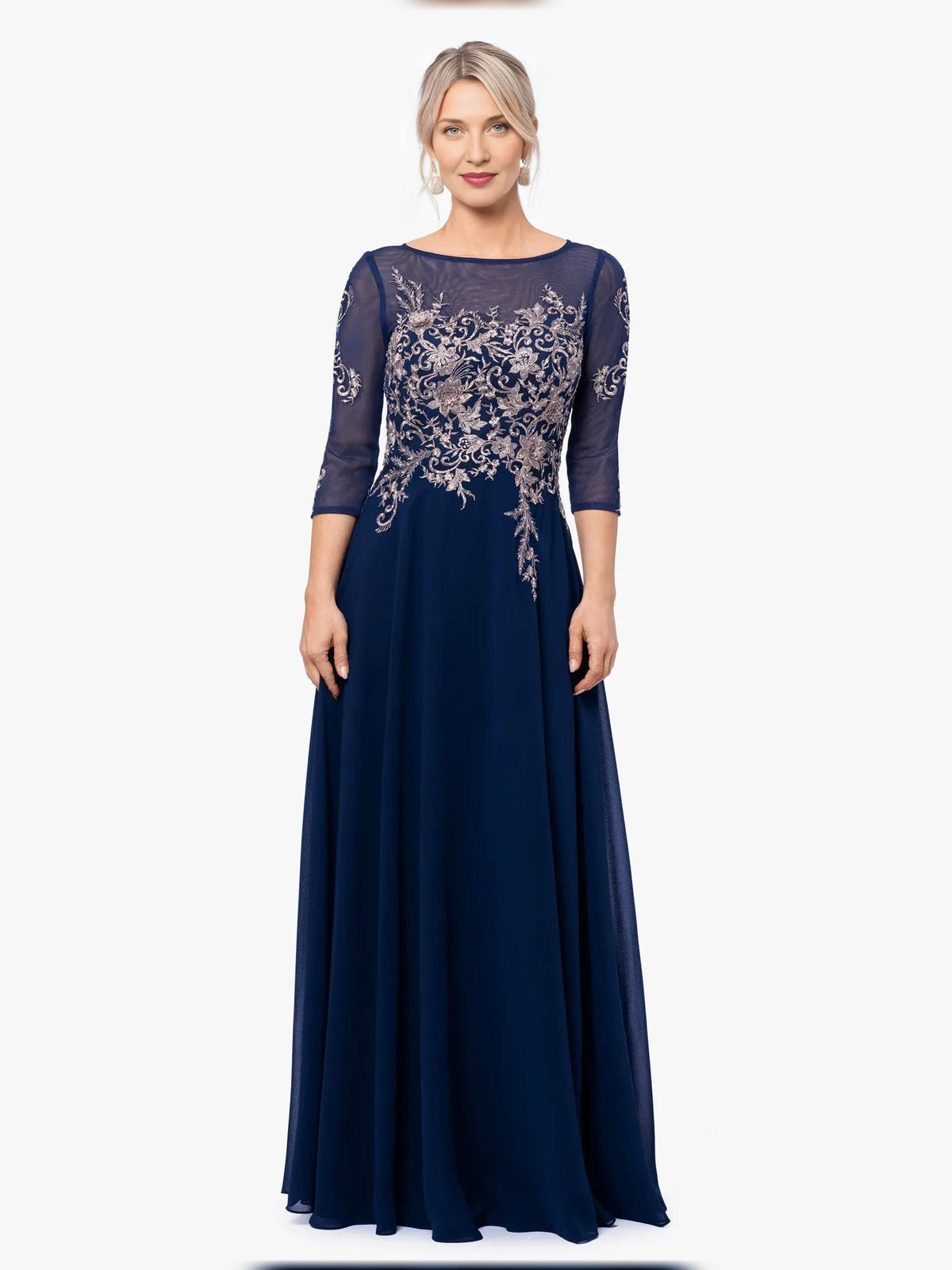 Dark navy A-line mother-of-the-bride dress, three-quarter sleeves, floor-length skirt