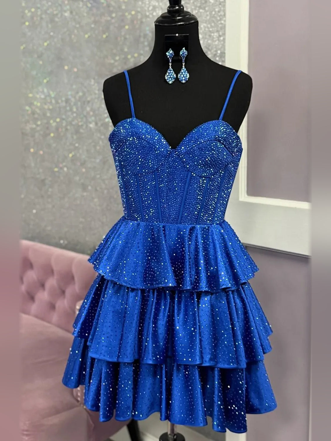 Cobalt blue glitter sweetheart corset mini dress with layered ruffle skirt