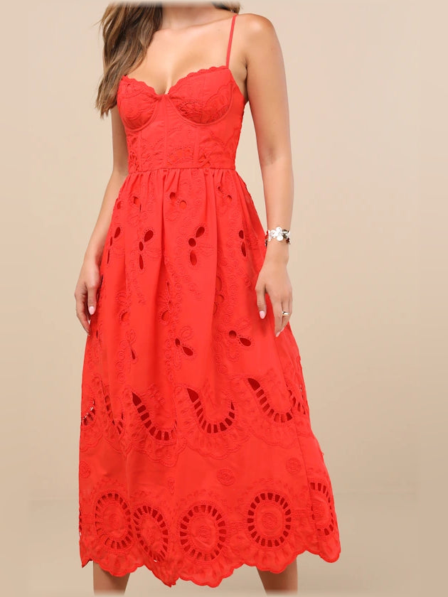 Red embroidered bustier midi dress with spaghetti straps and scalloped hem