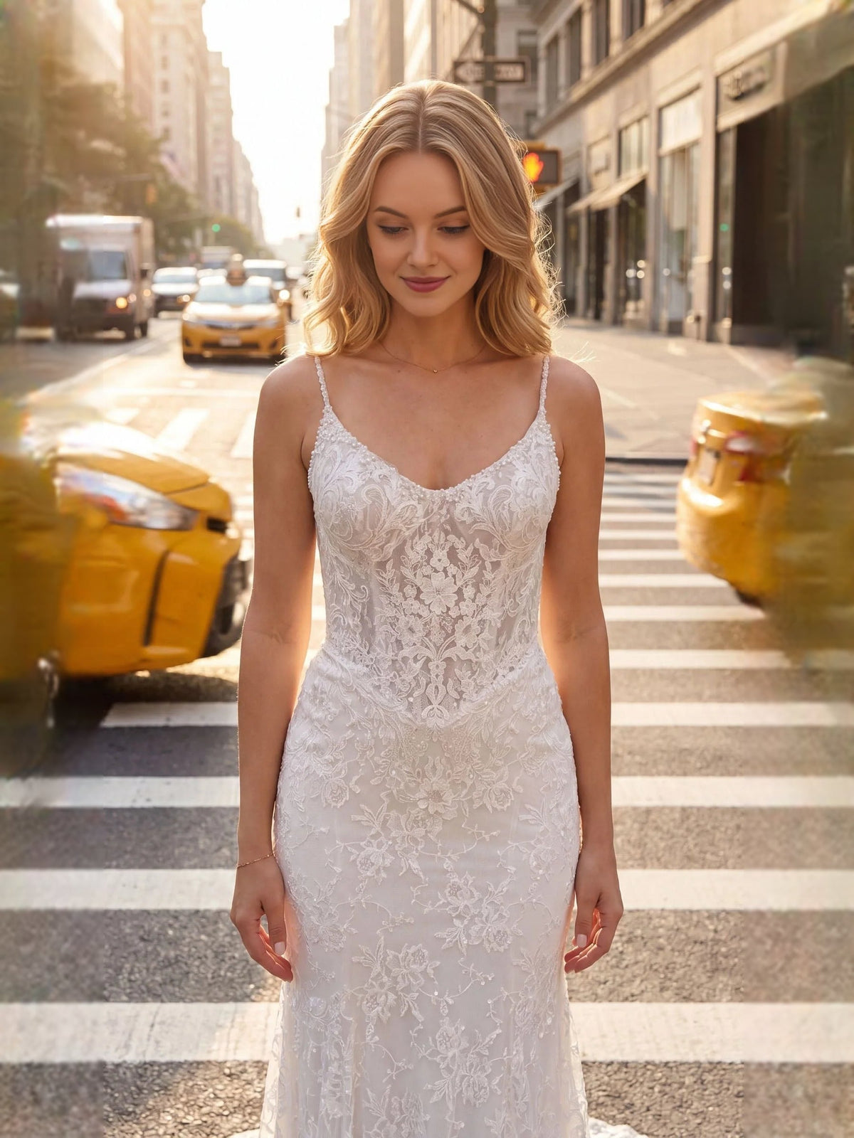 Ivory beaded lace mermaid wedding dress with thin straps and V-neck, fitted bodice