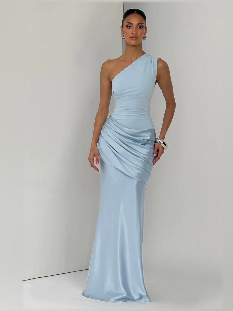 Light blue one-shoulder satin ruched mermaid maxi formal dress, front angled