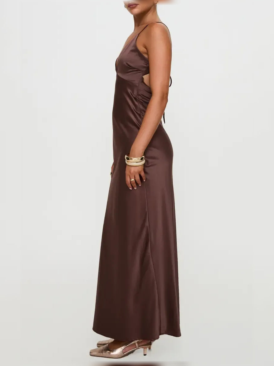 Chocolate satin V-neck spaghetti strap formal dress, side profile