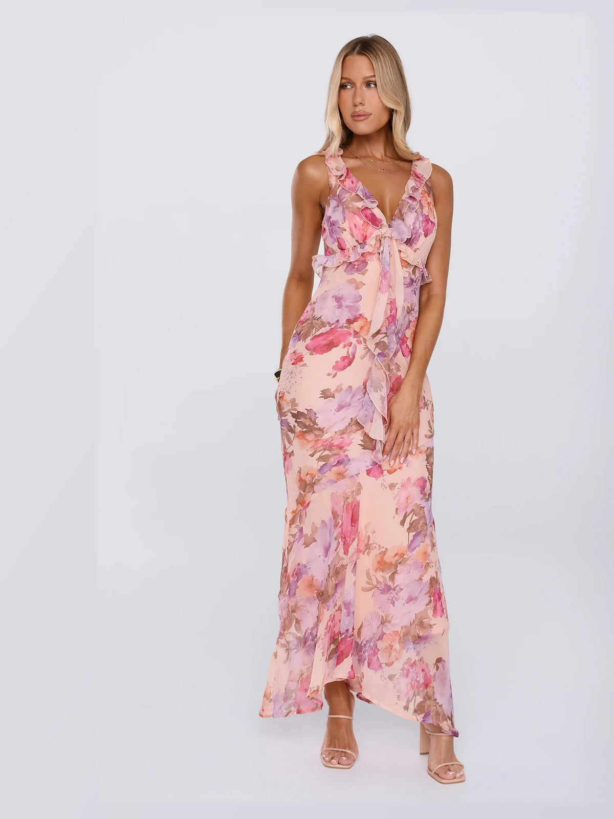 Red formal dress with a-line detailing
