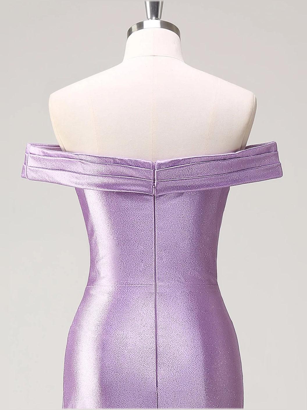 Lavender satin mermaid gown with off-shoulder back and ruched bodice, floor length