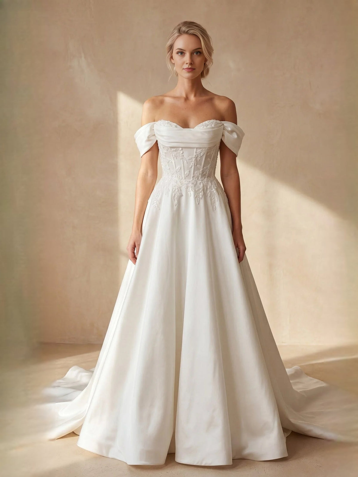 Ivory off-shoulder corset satin wedding dress with full A-line skirt