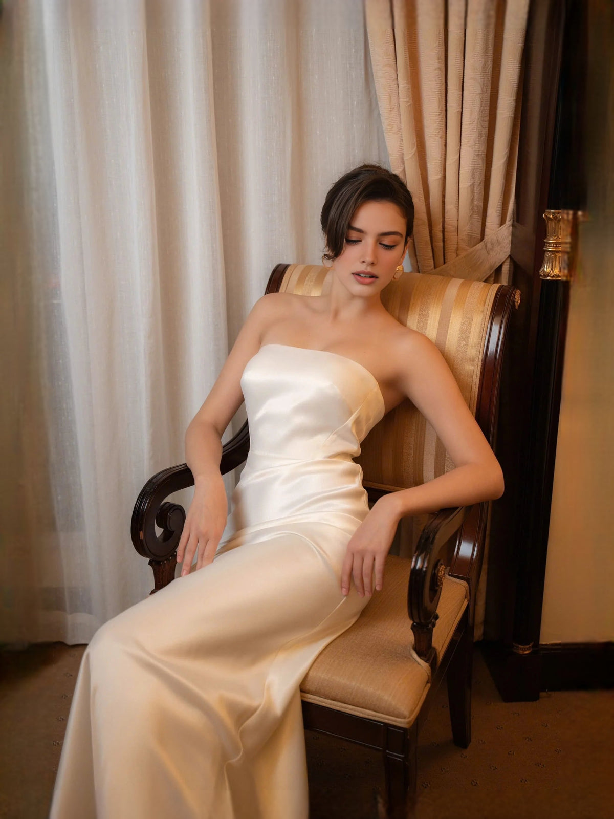 Ivory white strapless satin mermaid prom dress with smooth fitted skirt