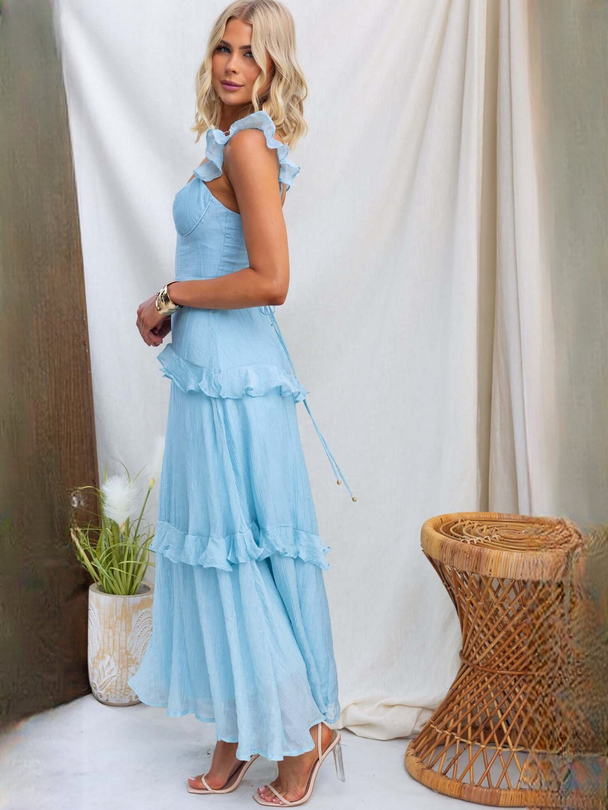 Light Blue a-line maxi formal dress with ruffle details, alternate full-length view showing the waist