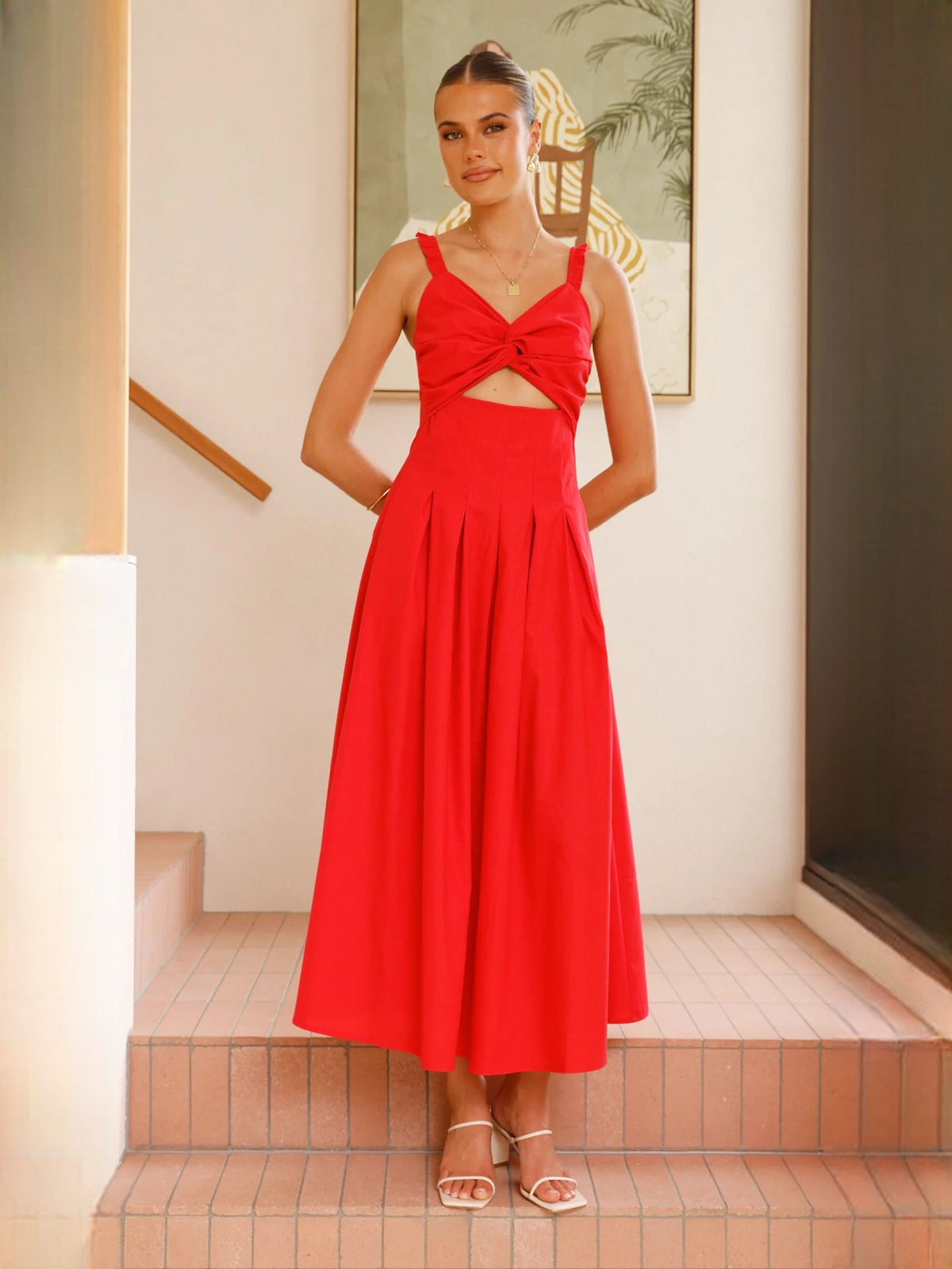 Red a-line maxi formal dress with cutout detail, alternate view