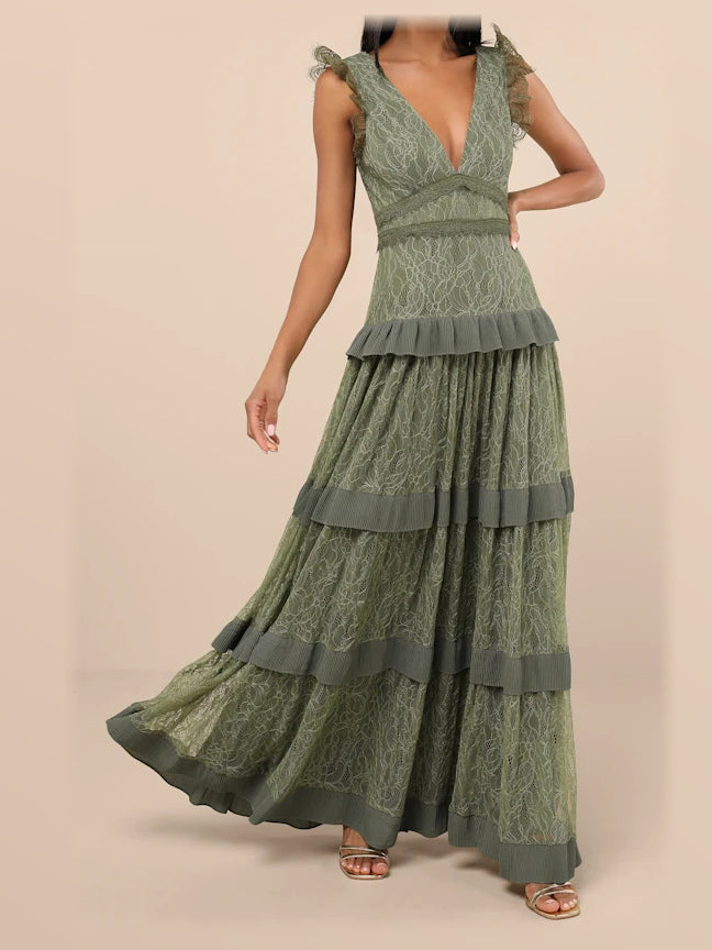Green formal dress with tiered detailing
