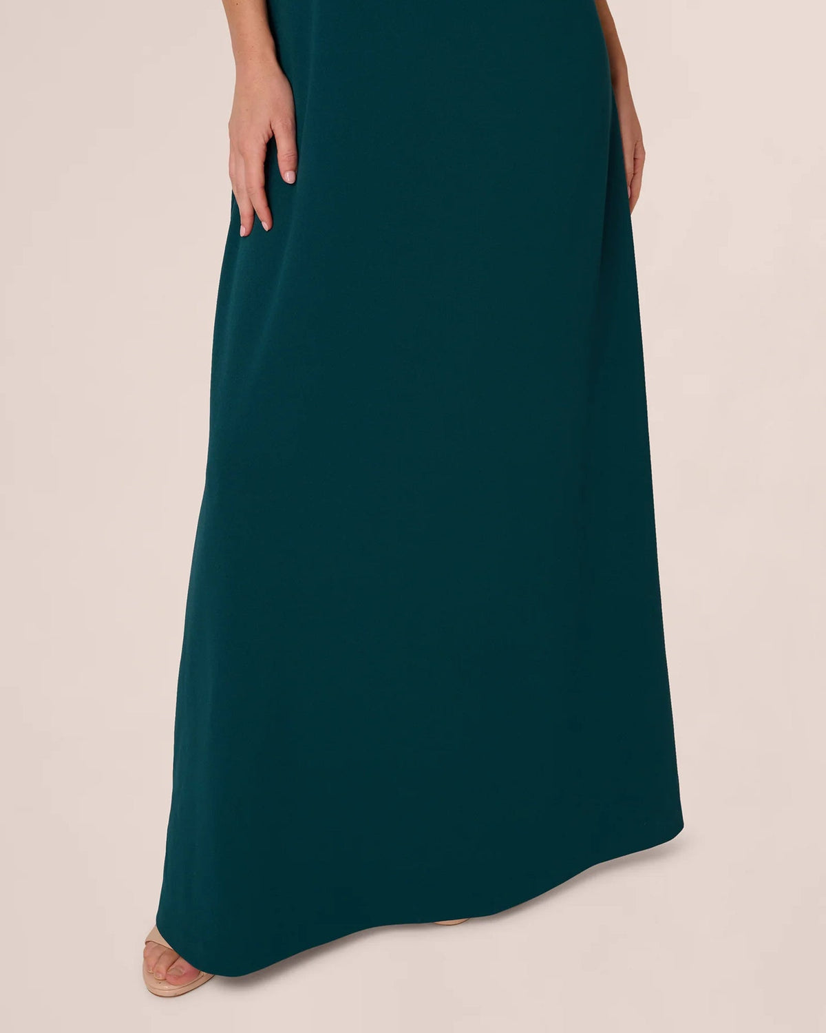 Teal A-line maxi dress hem view with smooth drape