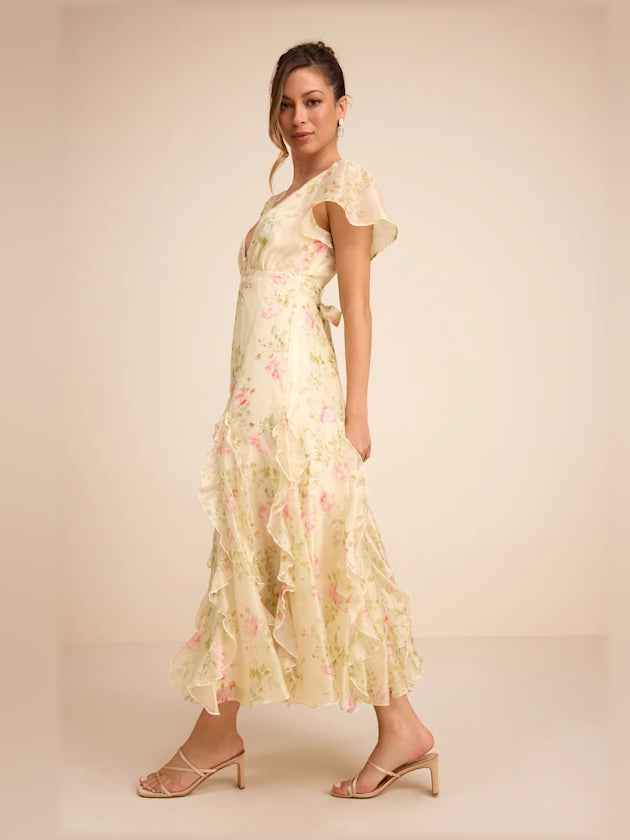 Light green floral ruffled midi dress with short sleeves and scalloped ruffle hem