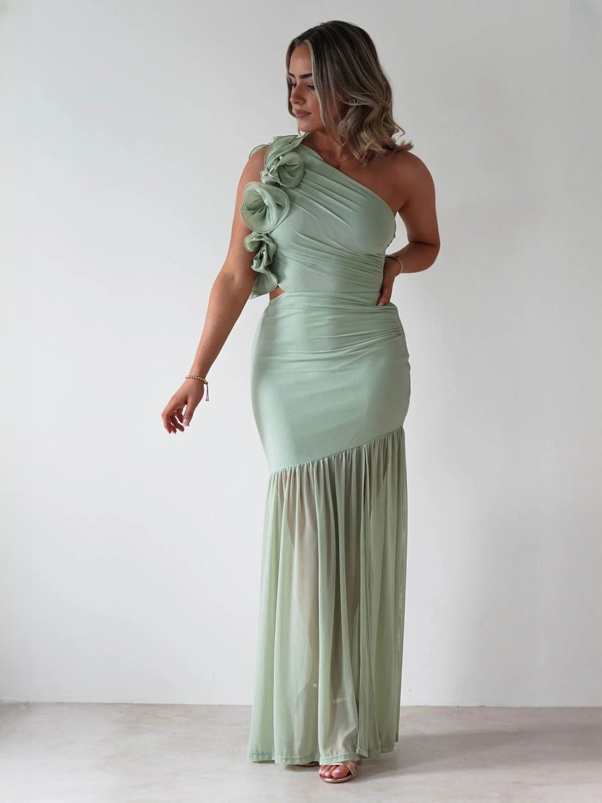 Sage fit-and-flare maxi formal dress with ruffle details, alternate full-length view