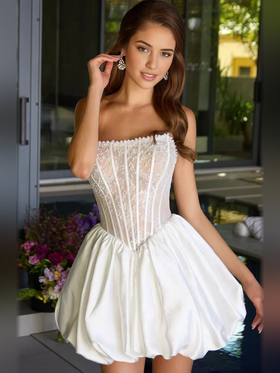 White strapless beaded corset mini dress with fitted bodice and gathered A-line skirt