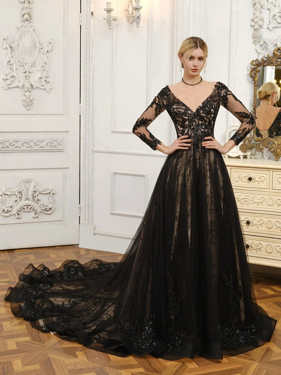 Black sequin V-neck A-line wedding dress with long sleeves and gathered corset waist