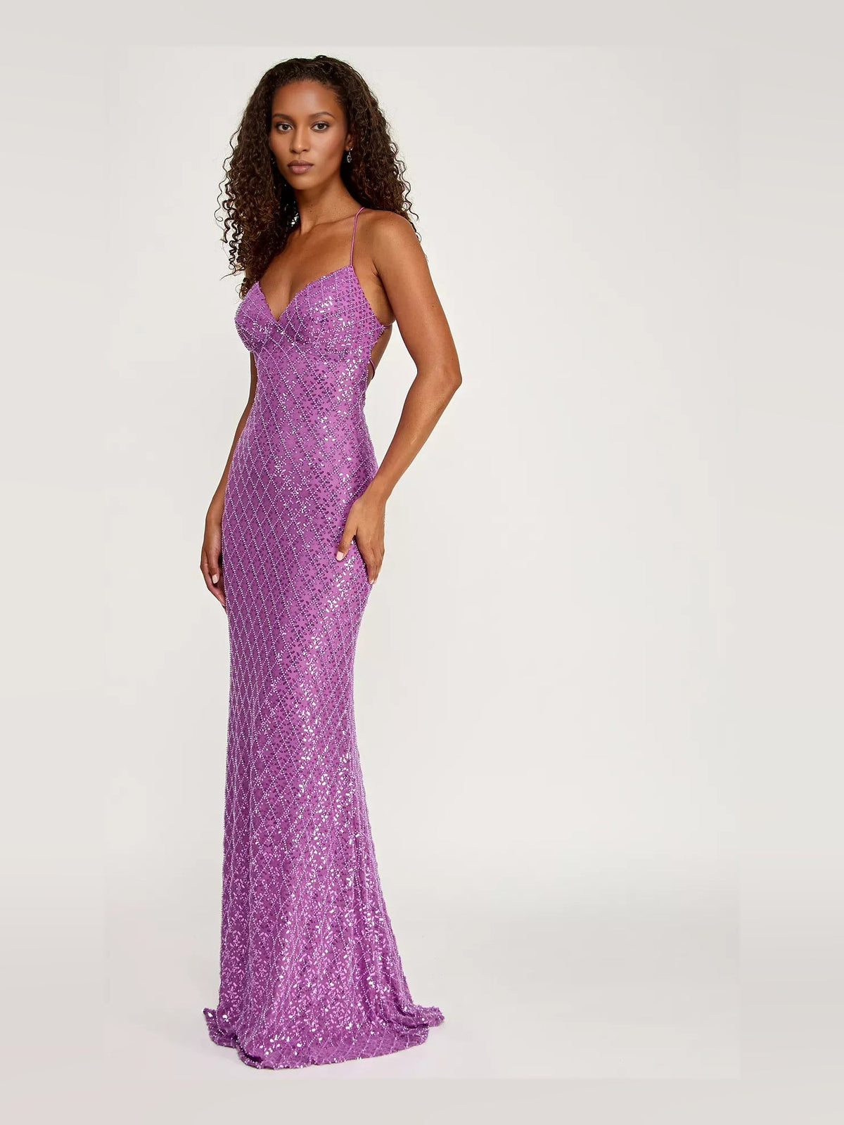 Orchid sequin mermaid formal dress with sweetheart neckline and spaghetti straps