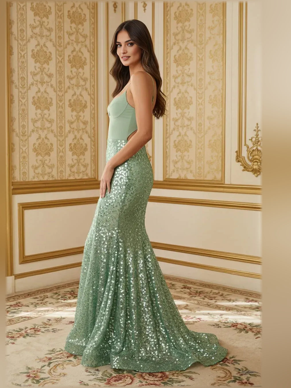 Dusty sage sequined V-neck corset formal dress with fitted bodice, floor-length
