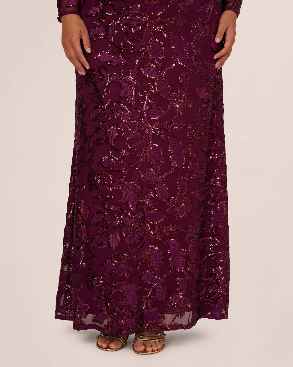 Burgundy sequined mermaid maxi skirt with fitted waist and flowing hem