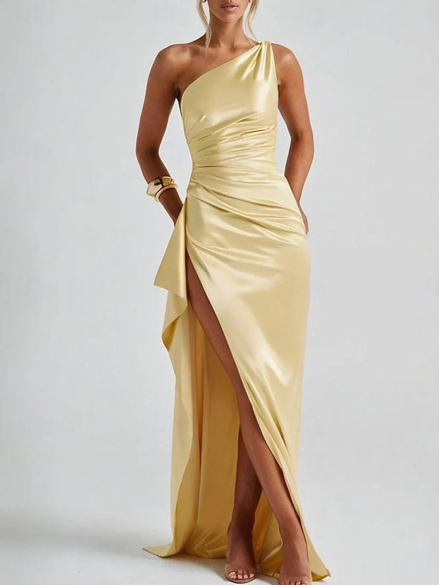 Canary satin ruched one-shoulder mermaid gown with front slit and long draped panel
