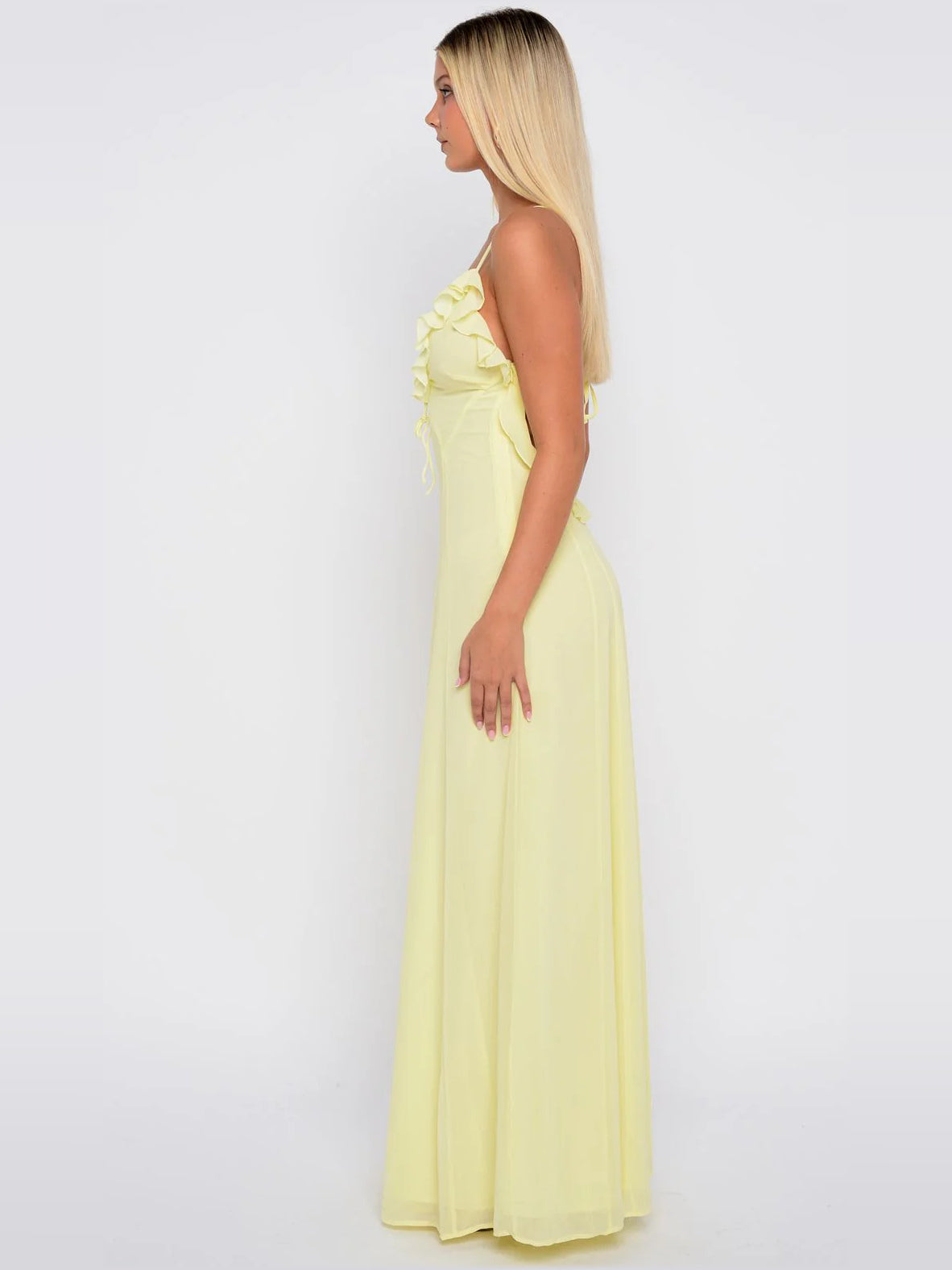 Pale Yellow a-line maxi formal dress with ruching, alternate full-length view showing the waist