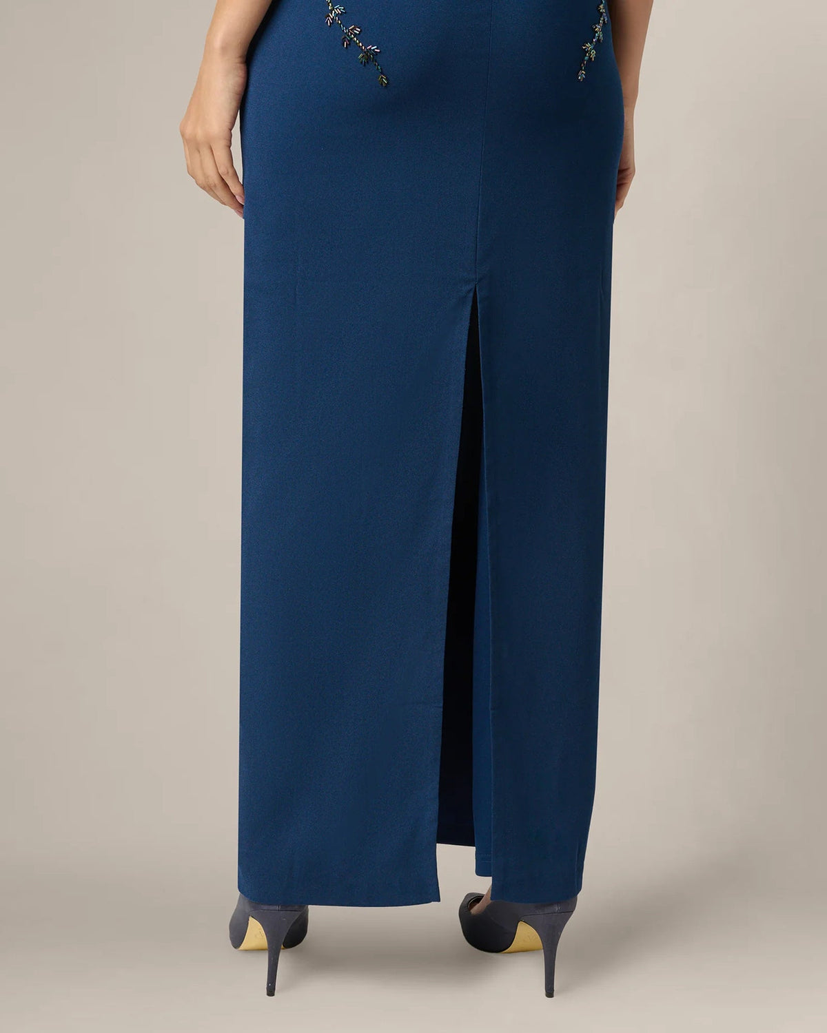 Light navy blue sleeveless maxi dress with front slit and smooth skirt