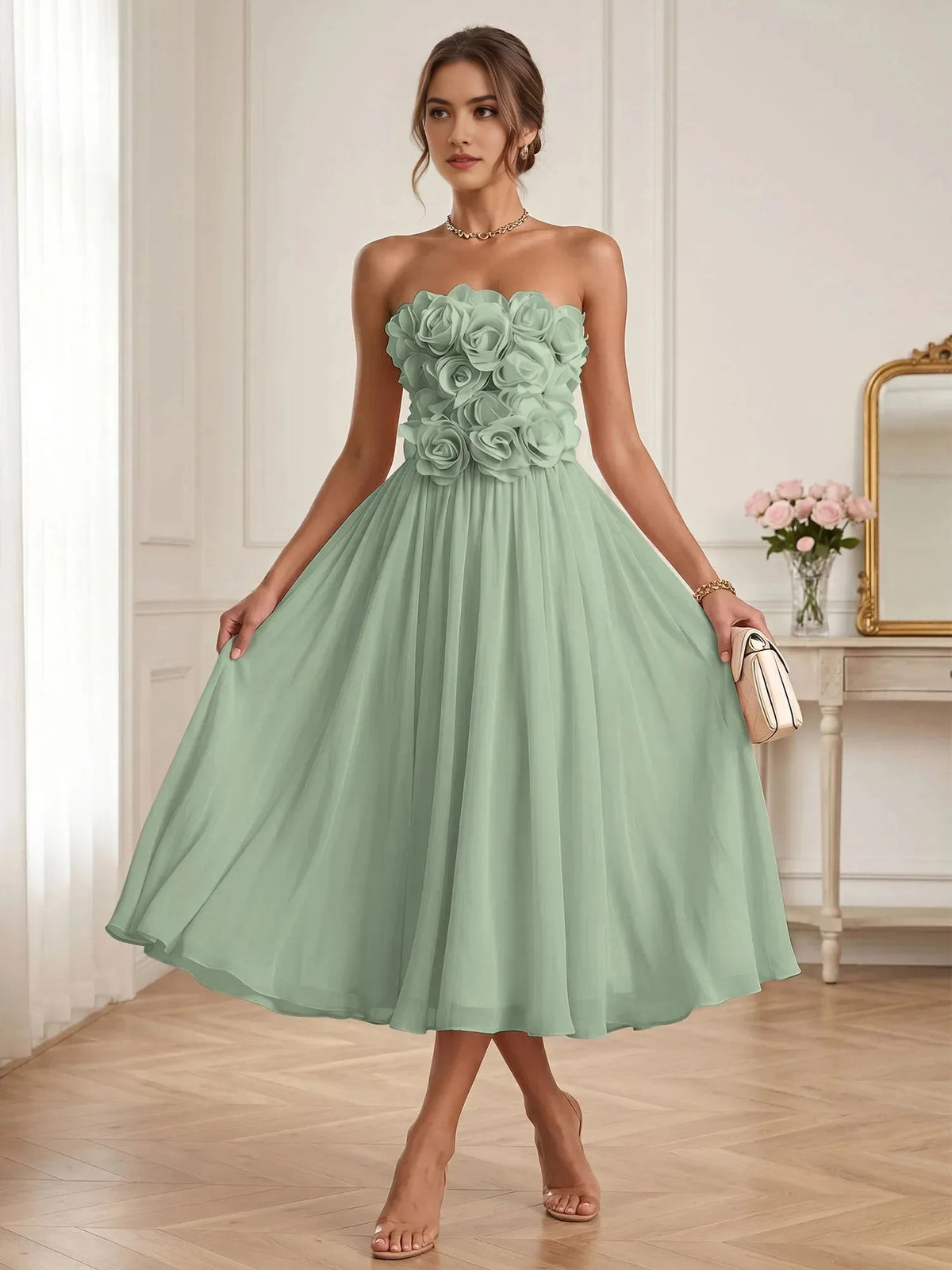 Floral strapless A-line midi chiffon dress in dusty sage with rose applique bodice