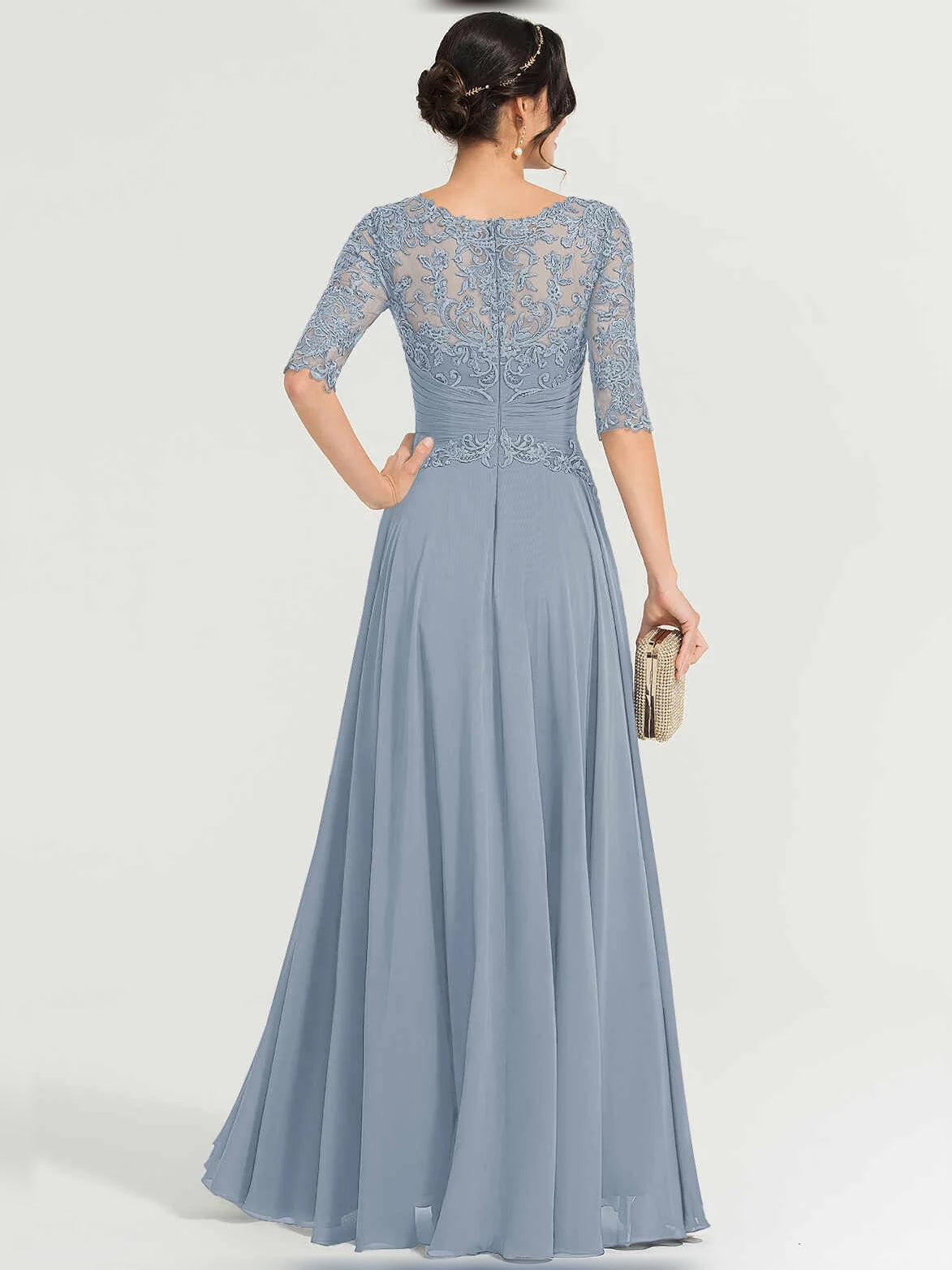 Light blue illusion-neck A-line maxi chiffon dress back view with lace floral applique