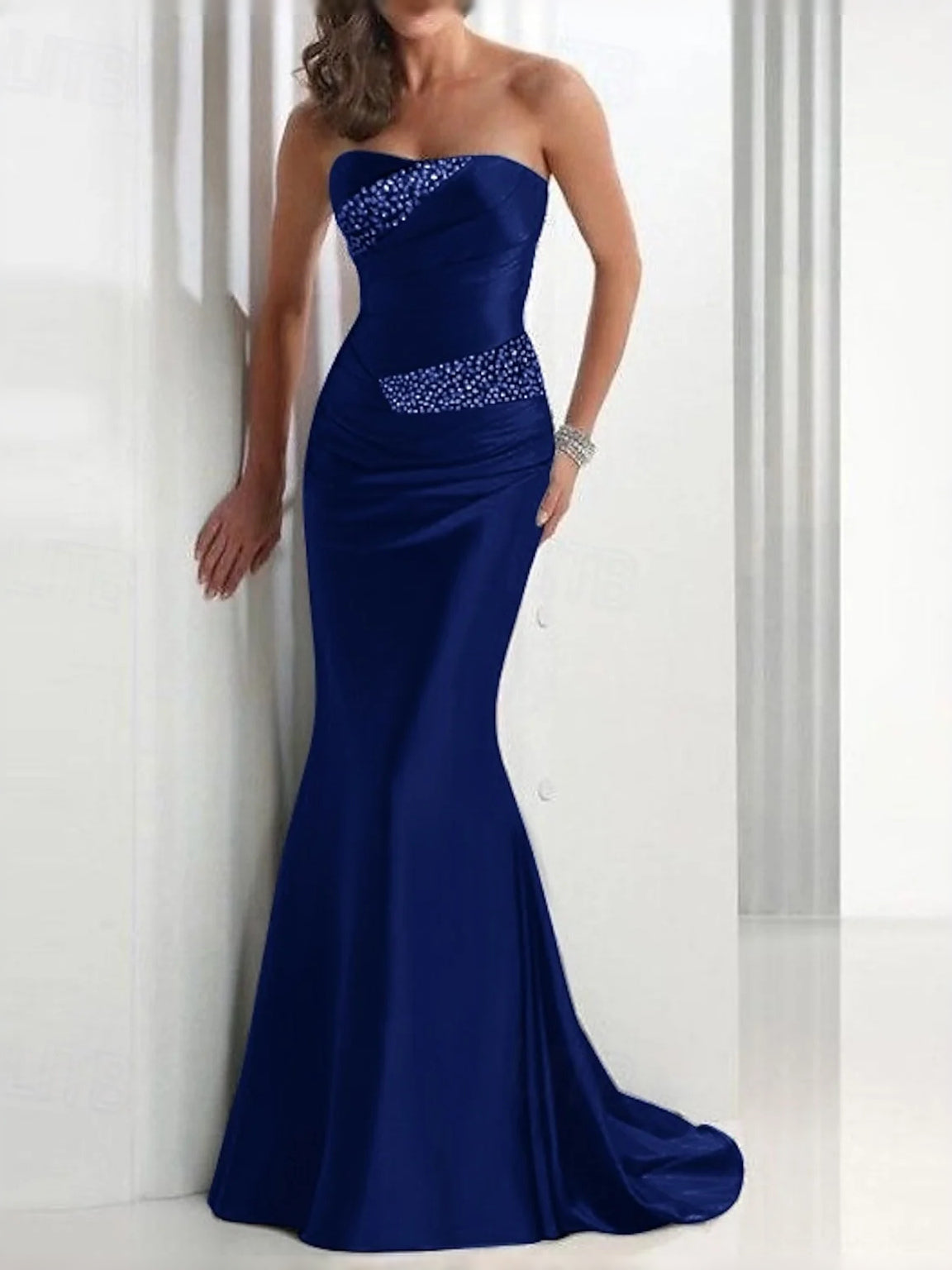 Strapless ruched satin mermaid prom dress in royal blue with sparkling waist detail
