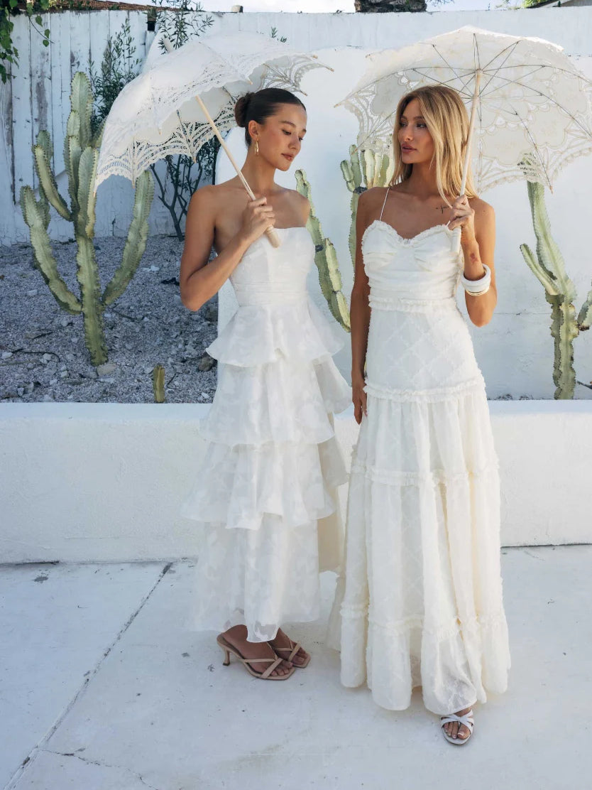 Cream formal dress with a-line detailing