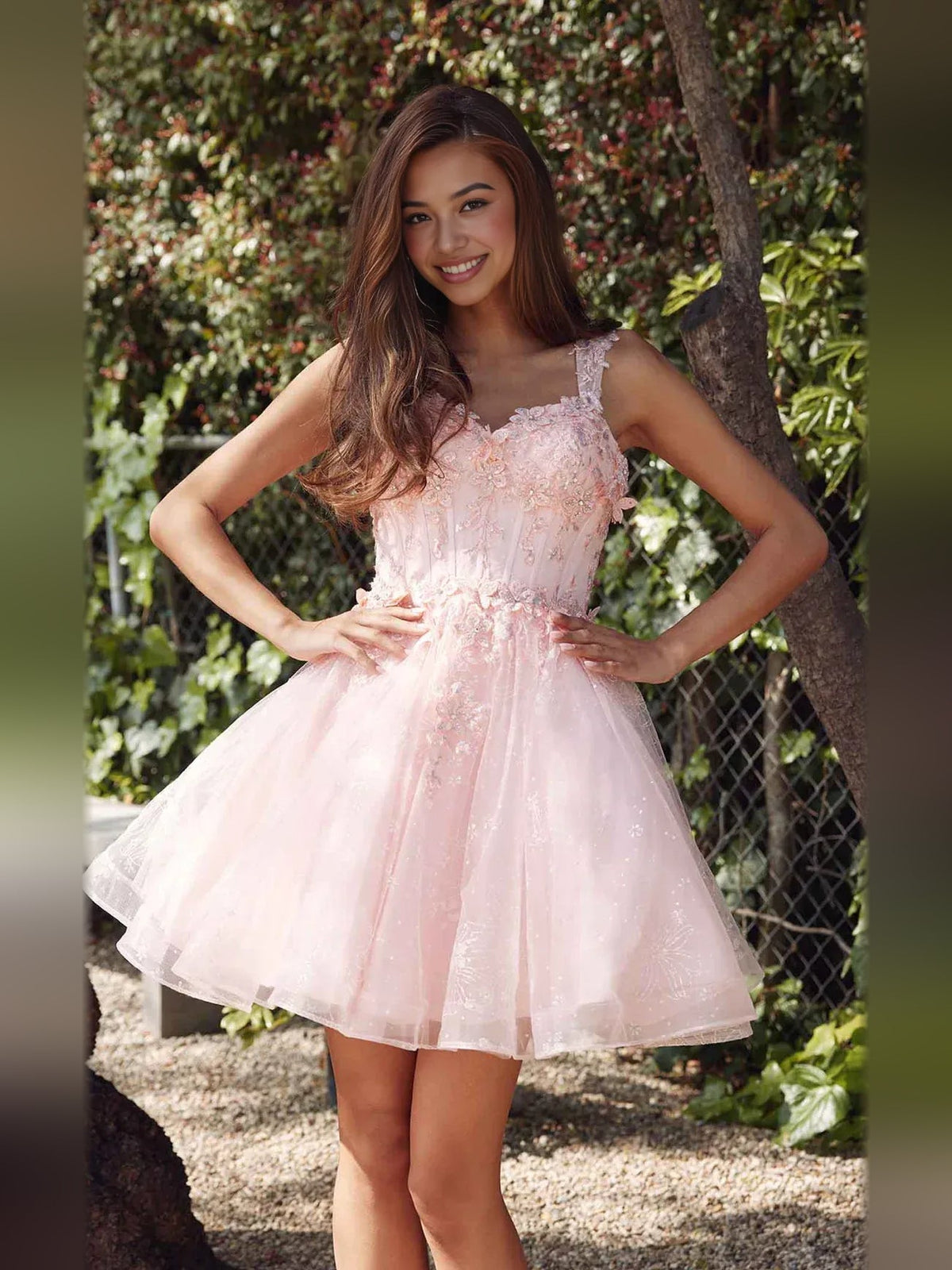 Pink tulle A-line homecoming dress with corset bodice and lace flower appliques, sleeveless sweetheart