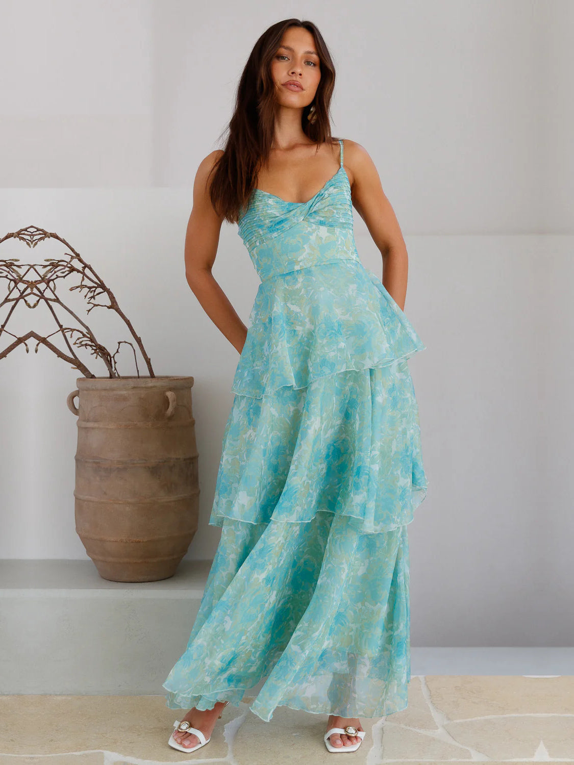Mint a-line maxi formal dress with tiered skirt, alternate view