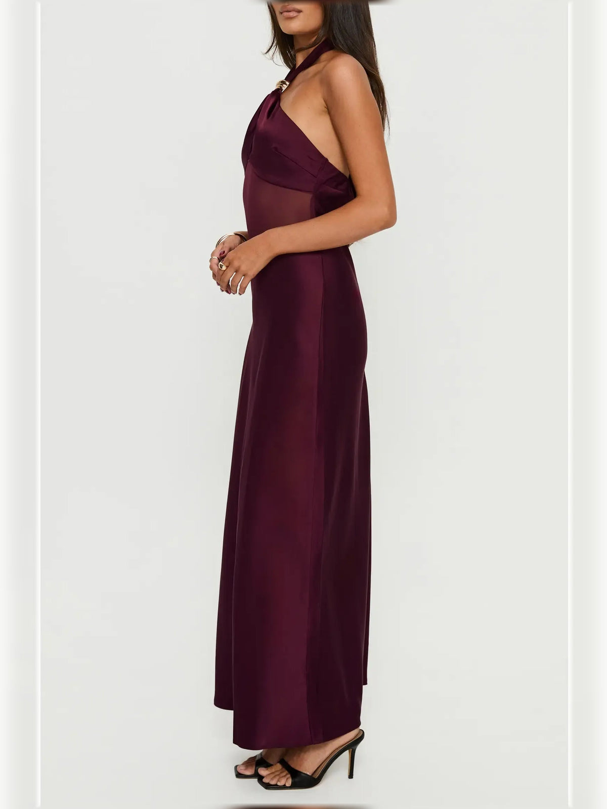 Plum halter neck floor-length formal dress with bow tie and draped skirt
