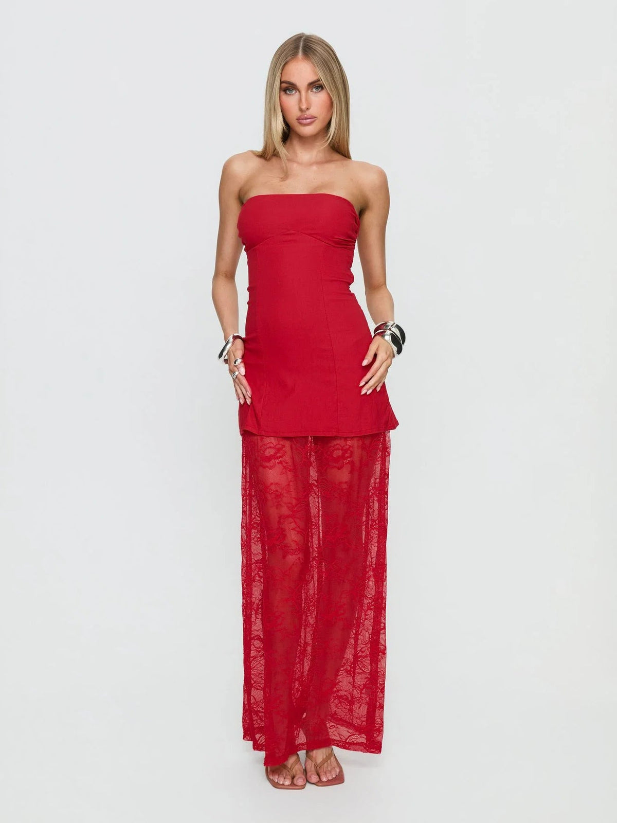 Red formal dress with a-line detailing