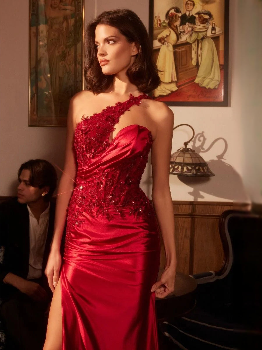 Red one-shoulder ruched satin mermaid gown with floral applique and thigh slit