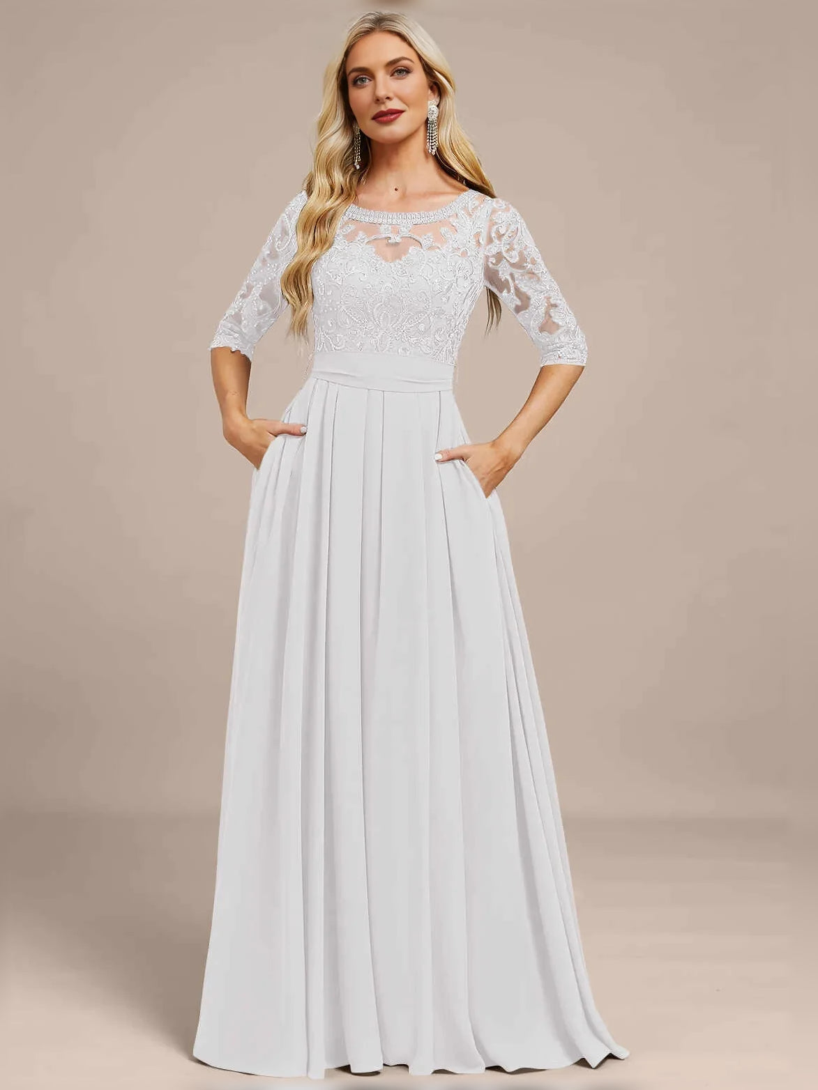 White A-line chiffon mother of the bride dress with lace illusion neckline