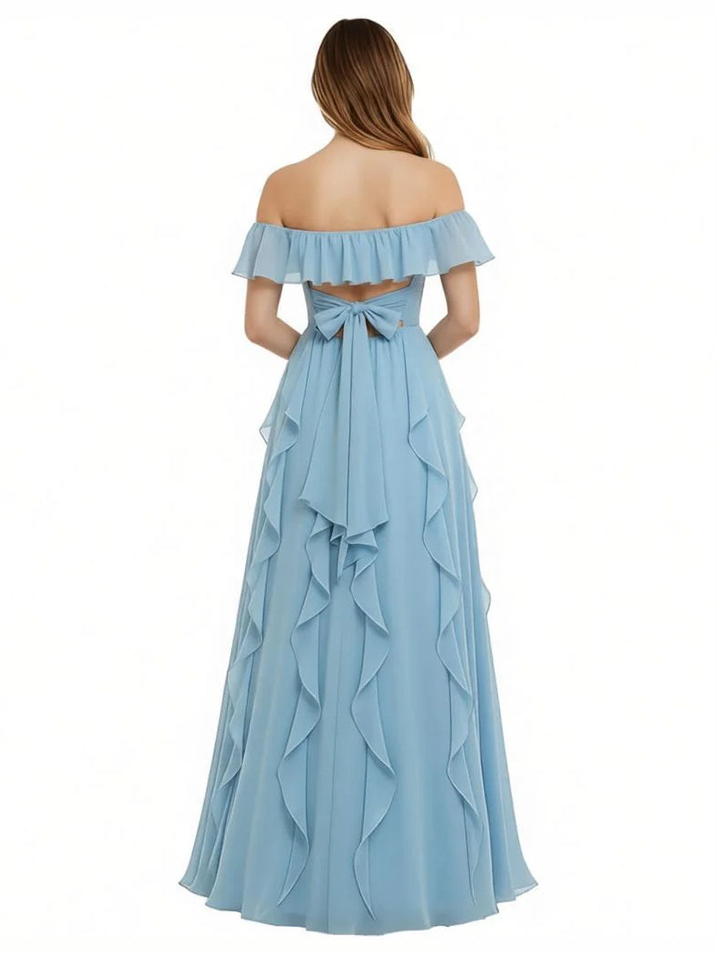 Draped ruffled off-shoulder chiffon maxi A-line dress in light blue