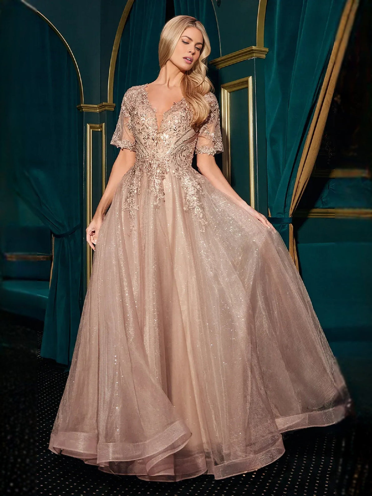 Nude beaded V-neck maxi formal dress with short sleeves and flowing pleated skirt