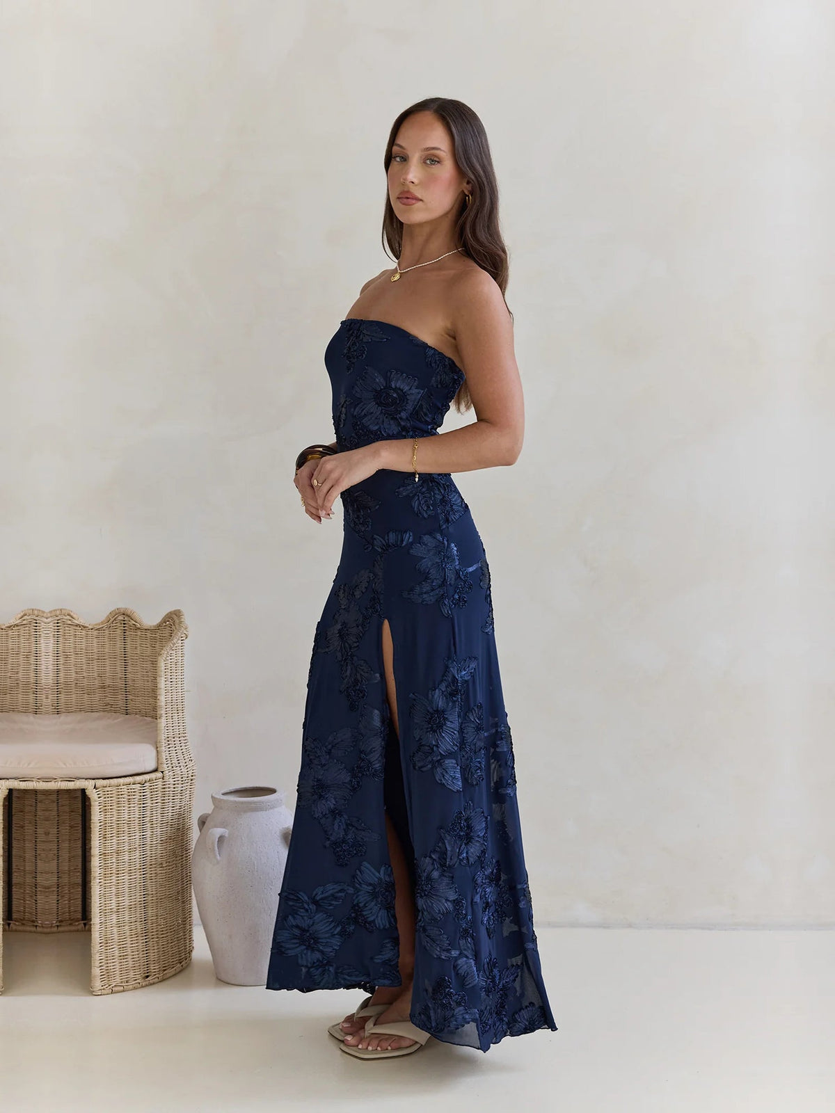 Navy sheath maxi formal dress with strapless neckline, alternate view showing the waist