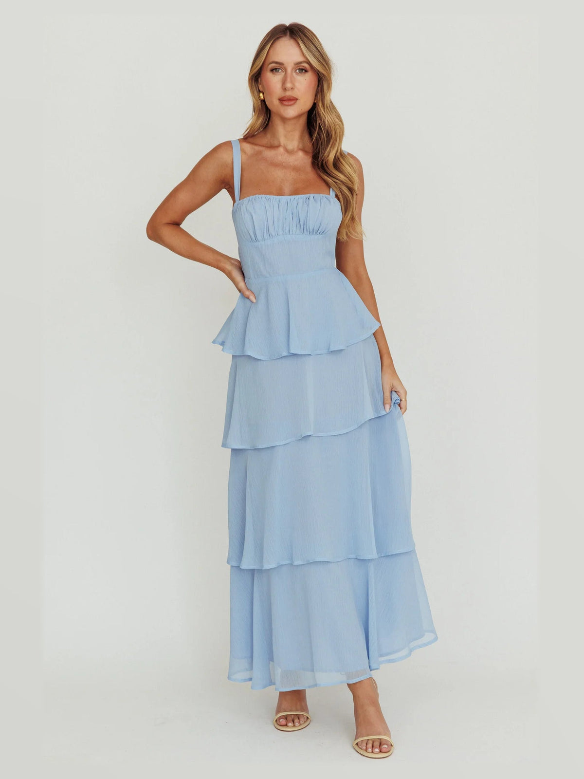 Sky Blue maxi formal dress, alternate full-length view showing the skirt