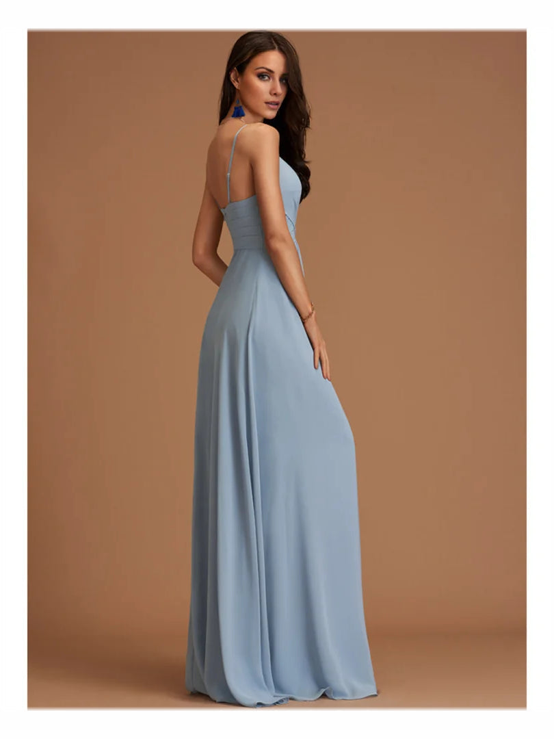 Dusty blue V-neck A-line maxi chiffon dress with thin straps and ruched waist