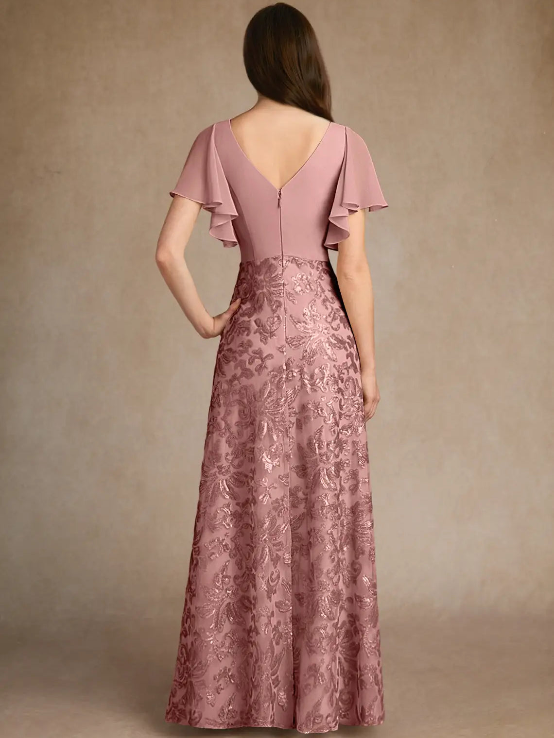 Dusty rose A-line maxi chiffon dress, back view with V-back and flutter ruffle sleeves