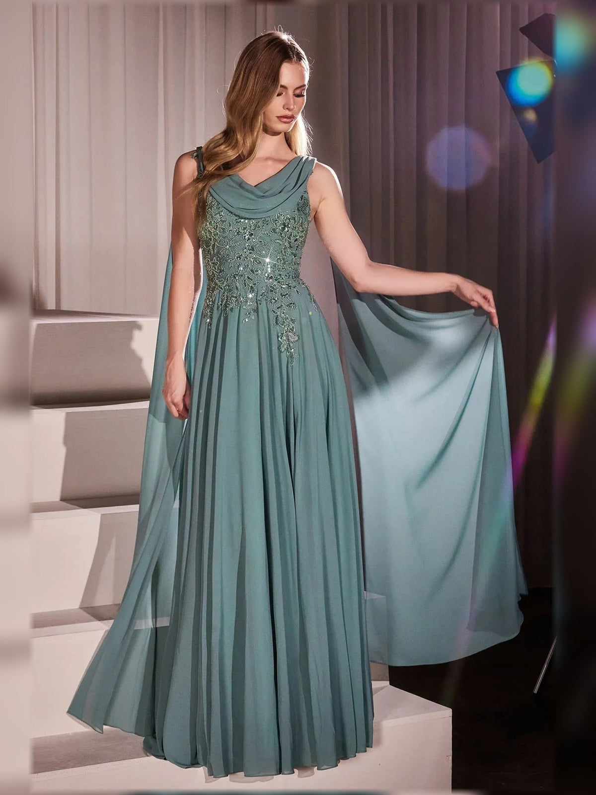 Teal beaded scoop-neck A-line floor-length formal dress, draped chiffon sleeves