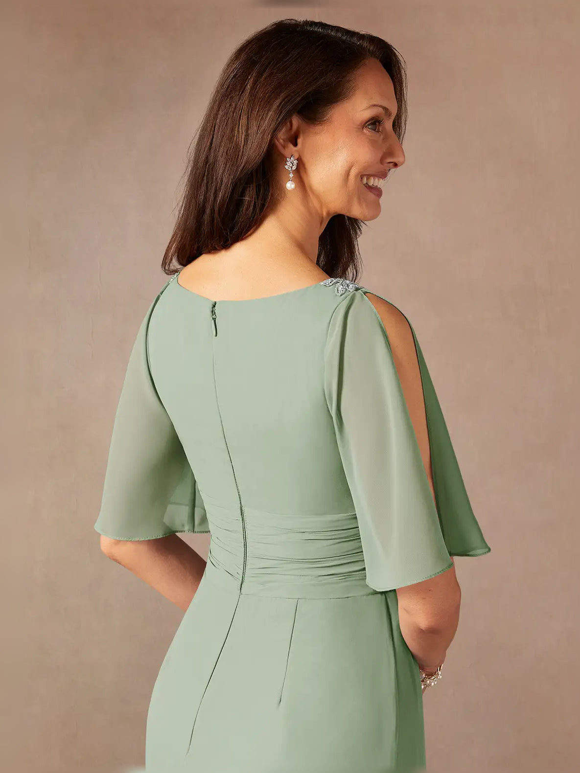 Dusty sage chiffon midi dress back, flutter sleeves and draped waist seam