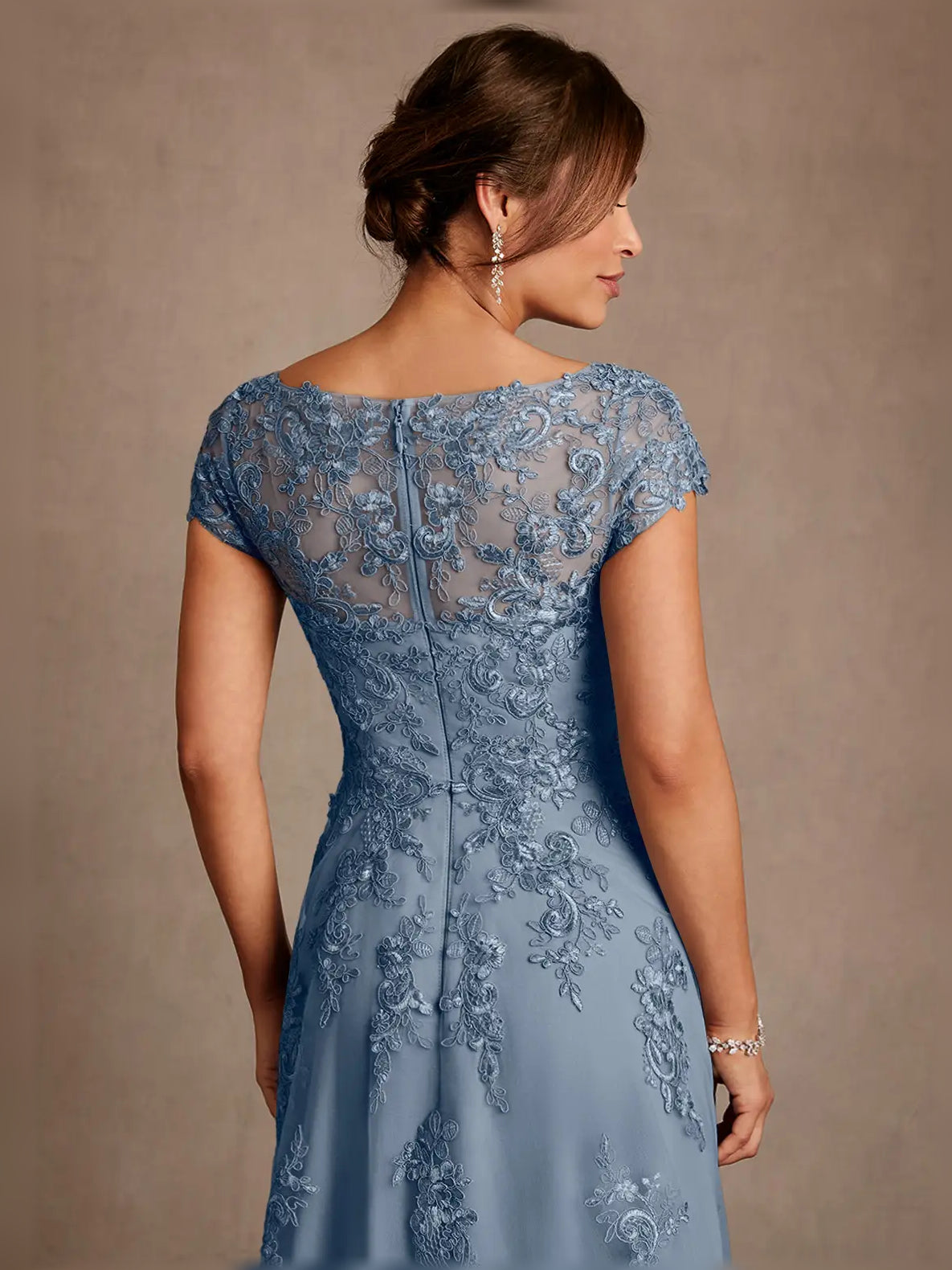 Embroidered illusion-neck A-line midi dress in slate blue, back view with embroidered cap sleeves