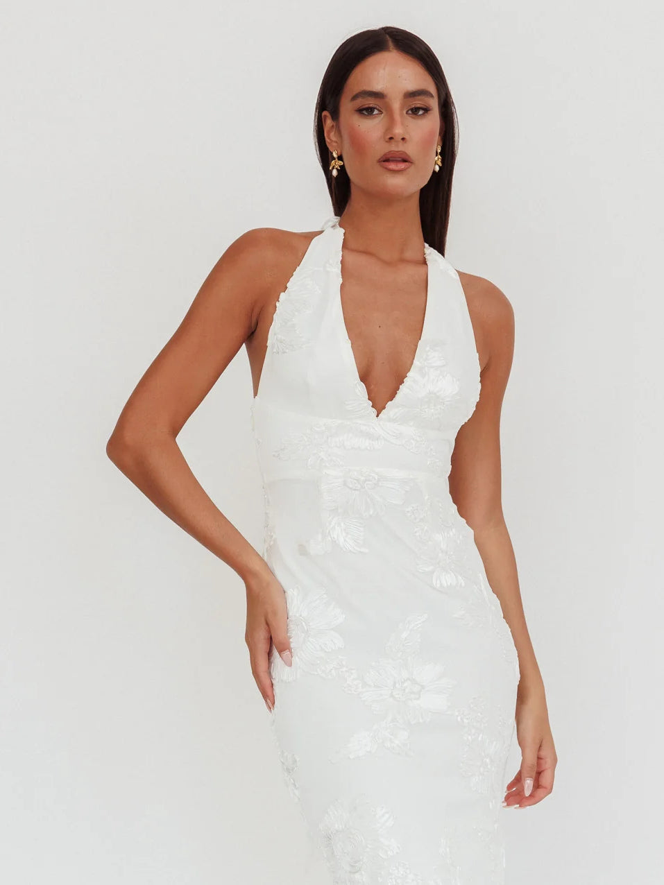 White formal dress with a-line detailing