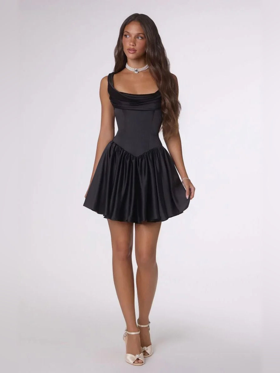 Black satin mini homecoming dress with cowl neckline and flared pleated skirt