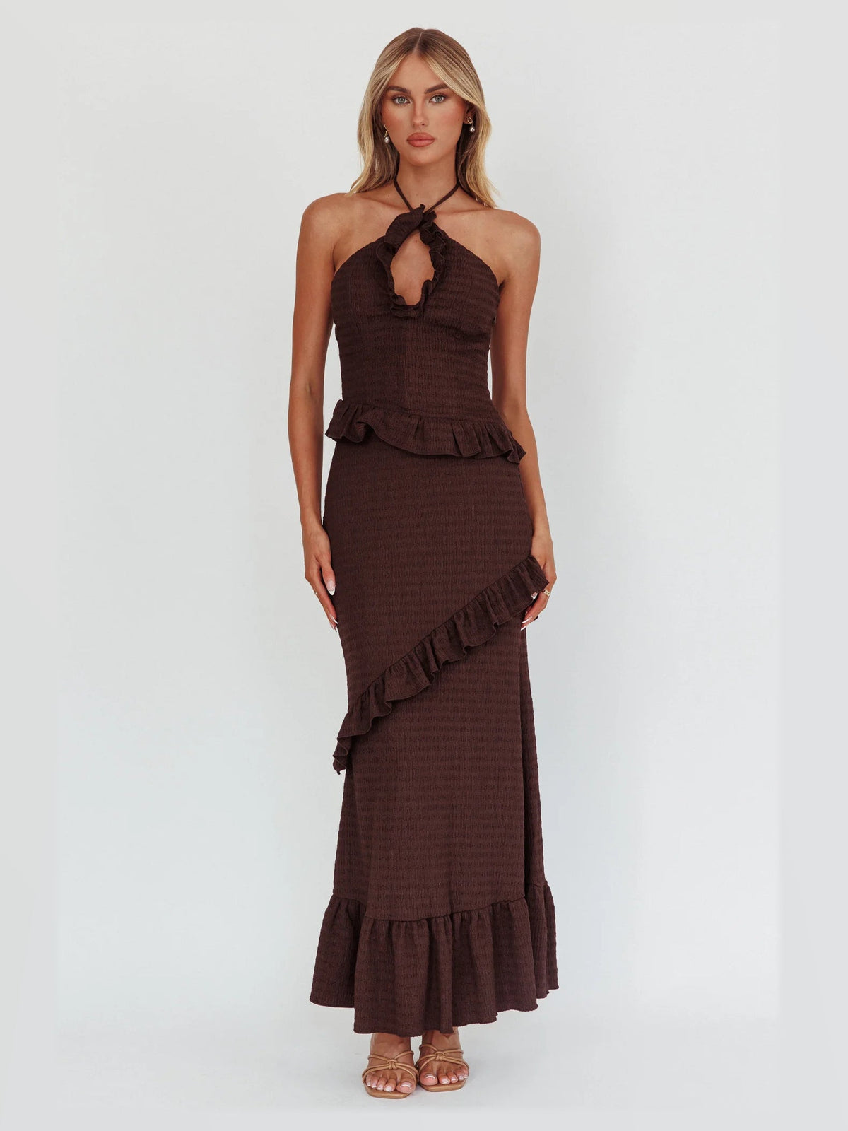 Chocolate formal dress with a-line detailing