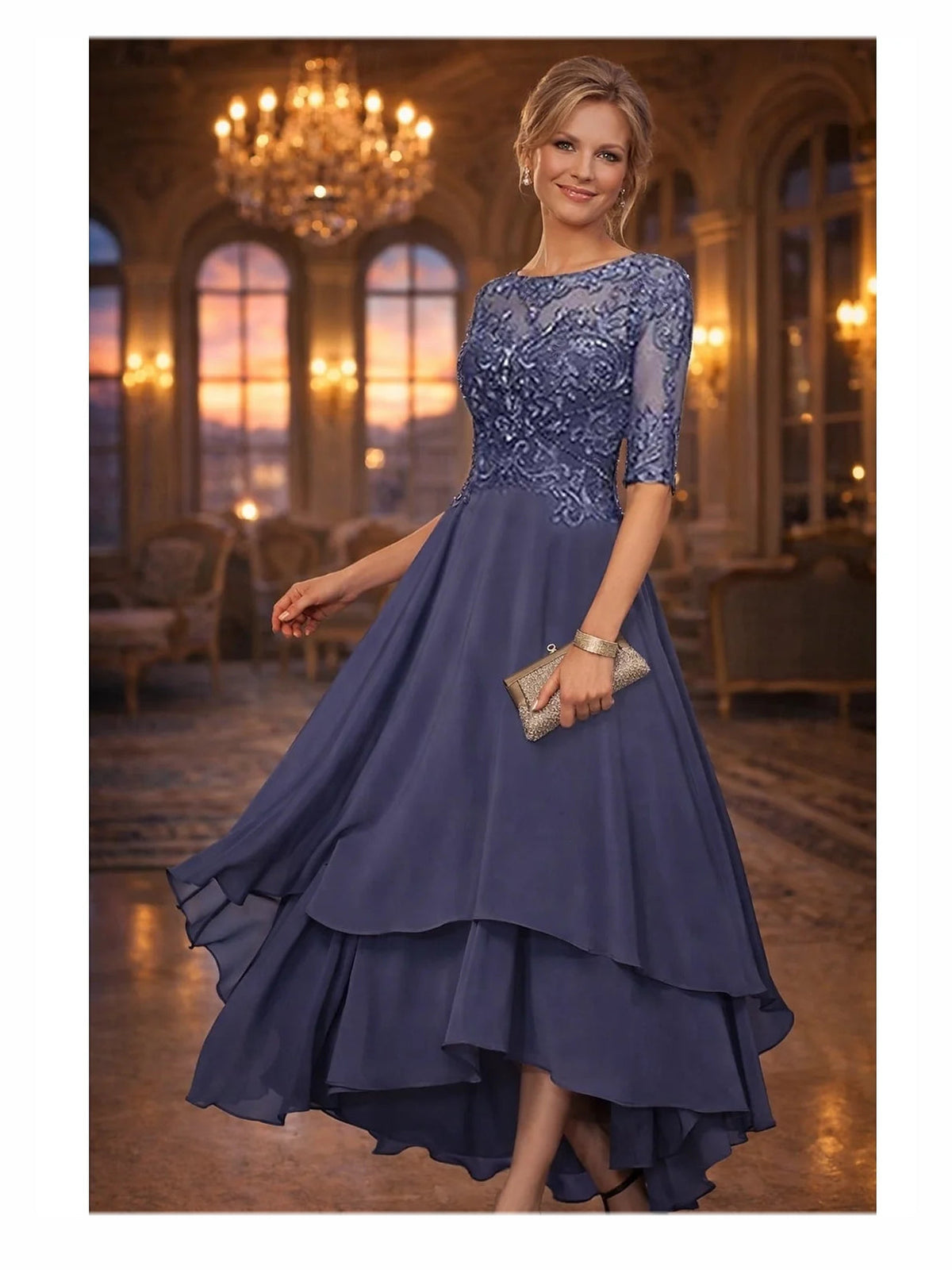 Floral embroidered chiffon A-line high-low dress, navy blue, lace bodice with tiered skirt