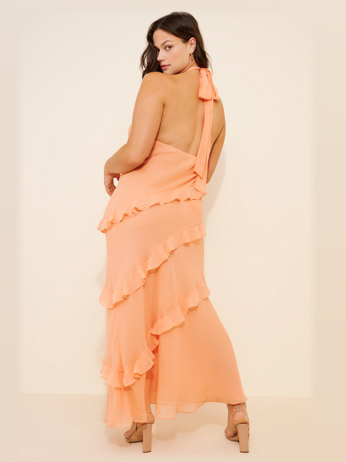 Peach maxi formal dress, alternate full-length view showing the skirt