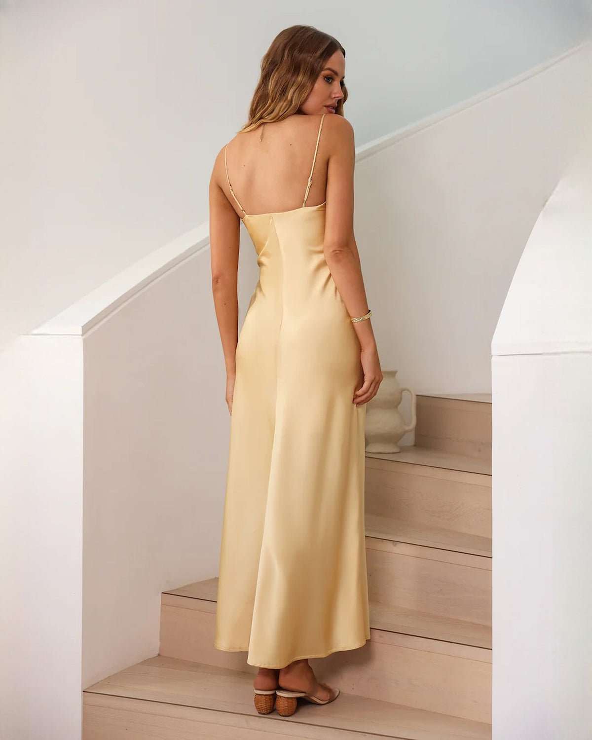 Champagne satin A-line maxi dress, open back with thin straps