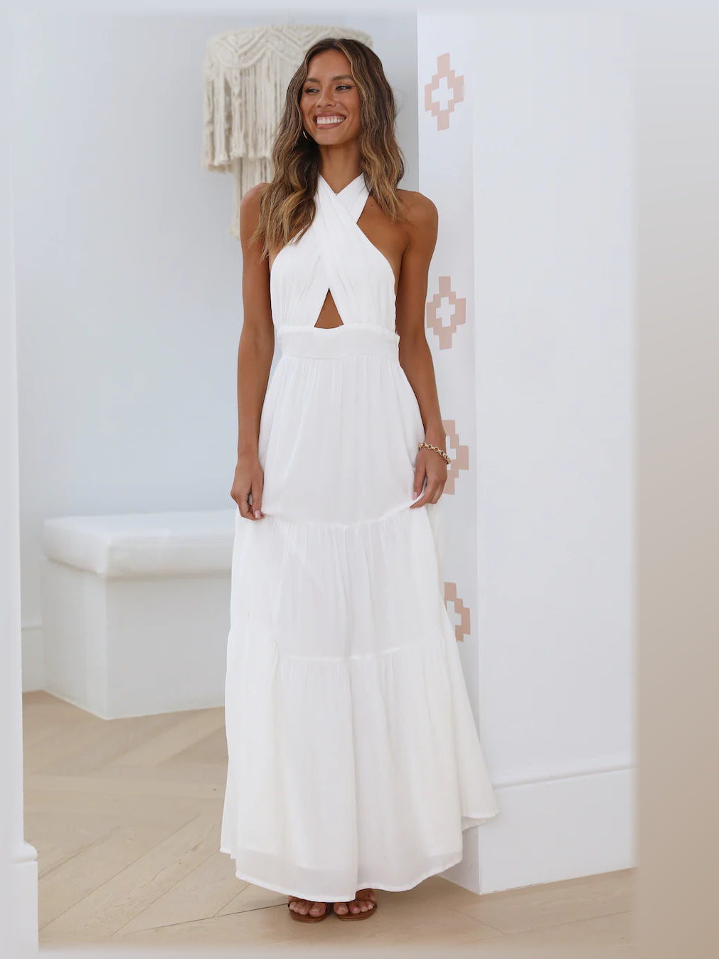 White maxi formal dress, alternate full-length view showing the skirt